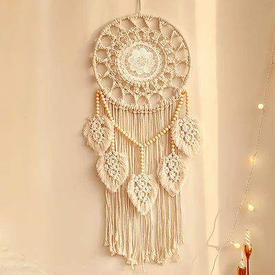 Bohemian Handwoven Wooden Bead Leaf Round Tapestry: Cotton Lace Hollow Tassel, Natural Healing Wall Decoration/sandy beige