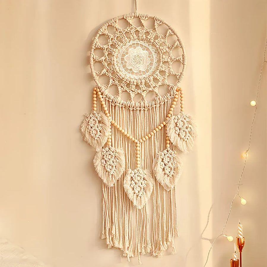 Bohemian Handwoven Wooden Bead Leaf Round Tapestry: Cotton Lace Hollow Tassel, Natural Healing Wall Decoration/sandy beige