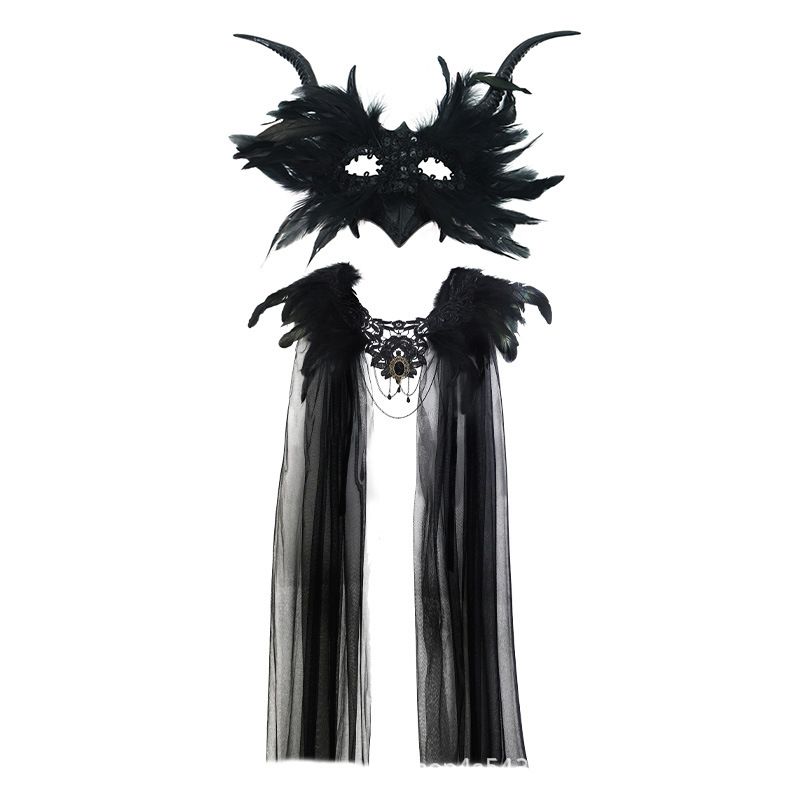 New Halloween Gothic Style Feather Lace Decorative Cape + Black Demon Horn Mask COSPLAY Costume Set