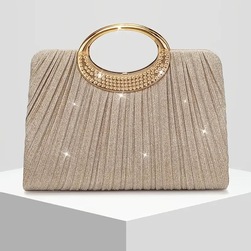 【Pleated Sparkle Evening Bag】 Metal Ring Handle, Magnetic Snap Closure, Horizontal Square Polyester Clutch, Essential Elegant Accessory for Weddings & Parties./champagne