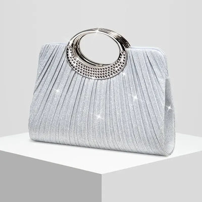【Pleated Sparkle Evening Bag】 Metal Ring Handle, Magnetic Snap Closure, Horizontal Square Polyester Clutch, Essential Elegant Accessory for Weddings & Parties./silver