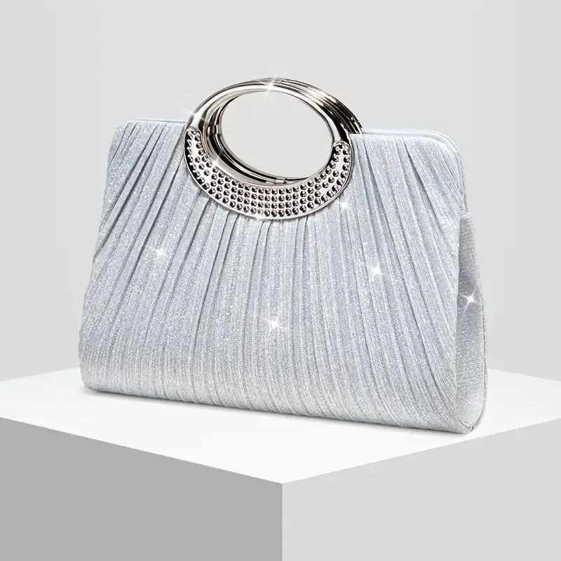 【Pleated Sparkle Evening Bag】 Metal Ring Handle, Magnetic Snap Closure, Horizontal Square Polyester Clutch, Essential Elegant Accessory for Weddings & Parties./silver