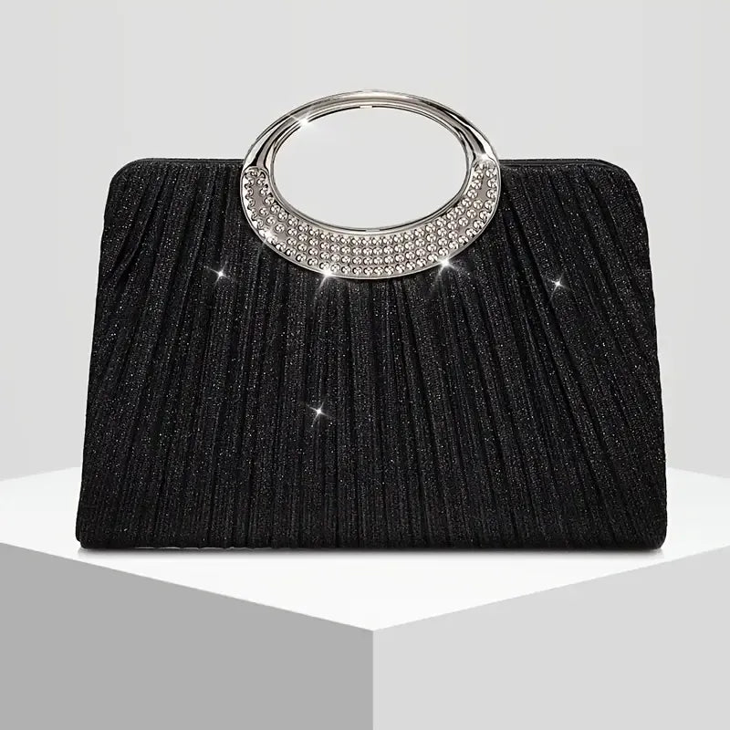【Pleated Sparkle Evening Bag】 Metal Ring Handle, Magnetic Snap Closure, Horizontal Square Polyester Clutch, Essential Elegant Accessory for Weddings & Parties./BLACK