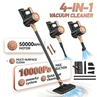 4-in-1 cordless vacuum cleaner, 50000RPM motor, 10000Pa suction, 180° rotating brush head, dual speed settings, lightweight and convenient./golden