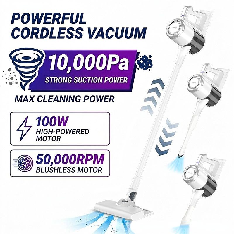 4-in-1 cordless vacuum cleaner, 50000RPM motor, 10000Pa suction, 180° rotating brush head, dual speed settings, lightweight and convenient./white-0