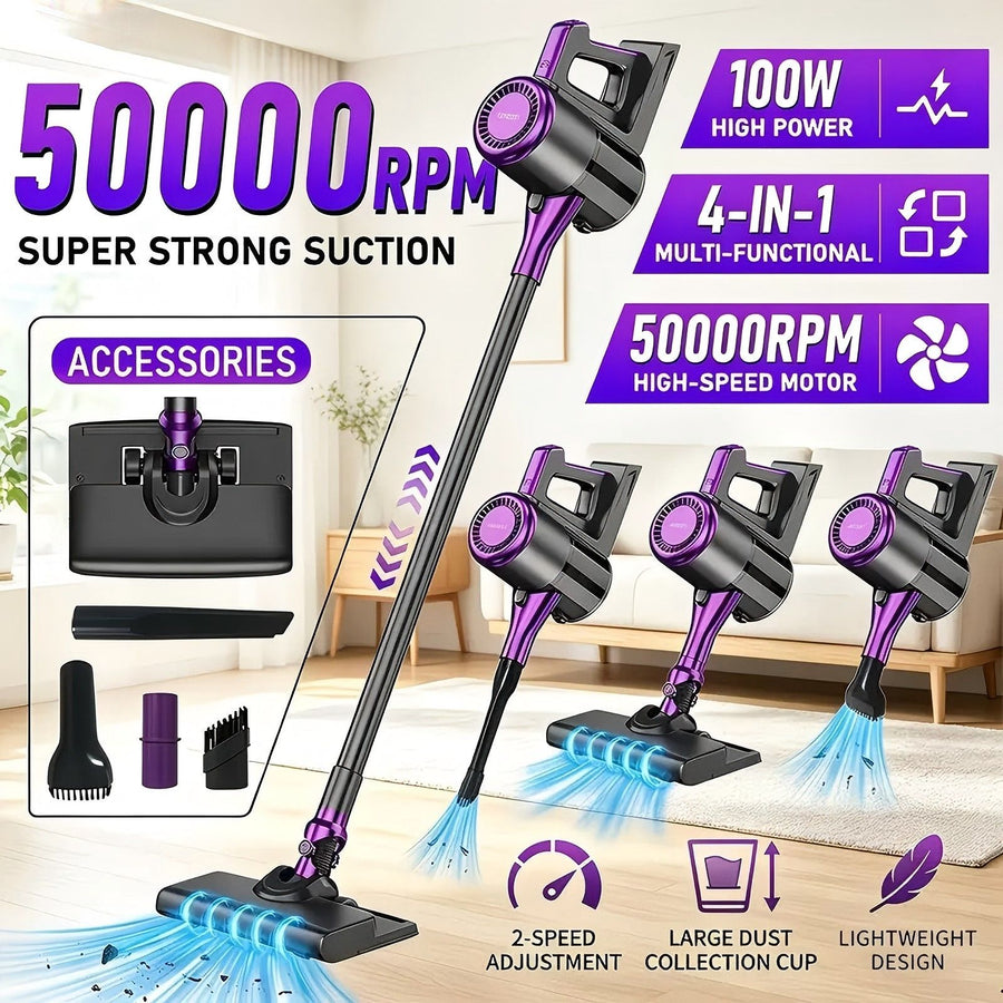 4-in-1 cordless vacuum cleaner, 50000RPM motor, 10000Pa suction, 180° rotating brush head, dual speed settings, lightweight and convenient./purple