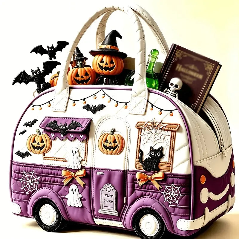 🎃 Halloween Vintage RV-Shaped Tote Bag, Durable Polyester, Portable & Essential for Festive Outings! 🚐