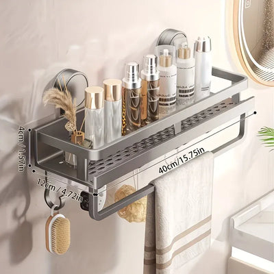 Nail-Free Suction Cup Bathroom Shelf, Twist-On Instant Installation, Dual Adsorption Gets Stronger Over Time, Space Aluminum with Drainage and Rust Proof, No-Trace Removal for Flexible Relocation./Gun ash -40cm with rod and hook