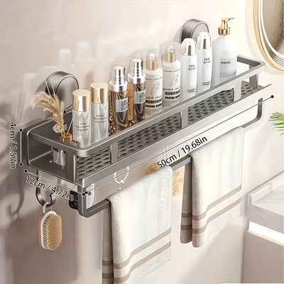 Nail-Free Suction Cup Bathroom Shelf, Twist-On Instant Installation, Dual Adsorption Gets Stronger Over Time, Space Aluminum with Drainage and Rust Proof, No-Trace Removal for Flexible Relocation./Gun ash -50cm with rod and hook