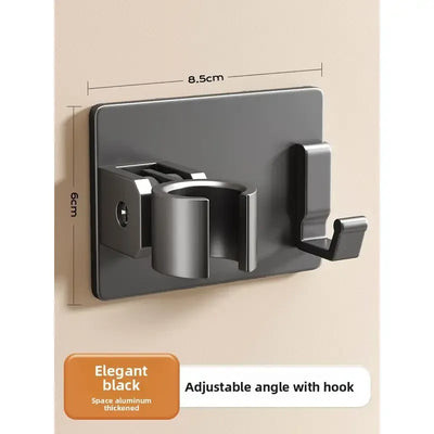 Aluminum alloy no-drill shower holder, strong suction, swivel adjustment multi-function hook, practical bathroom essential. //Elegant black