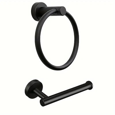 Stainless steel bathroom accessory set, rust-proof durable, towel ring & toilet paper holder 2-piece set, practical choice for bathrooms!/black