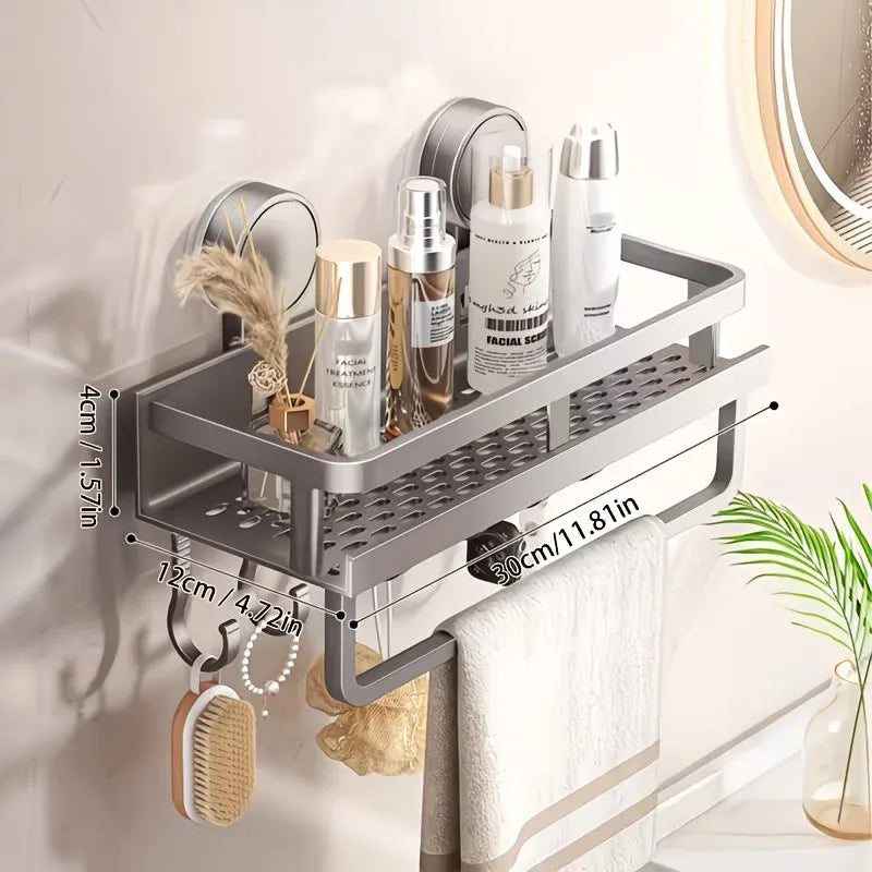 Nail-Free Suction Cup Bathroom Shelf, Twist-On Instant Installation, Dual Adsorption Gets Stronger Over Time, Space Aluminum with Drainage and Rust Proof, No-Trace Removal for Flexible Relocation./Gun ash -30cm with rod and hook