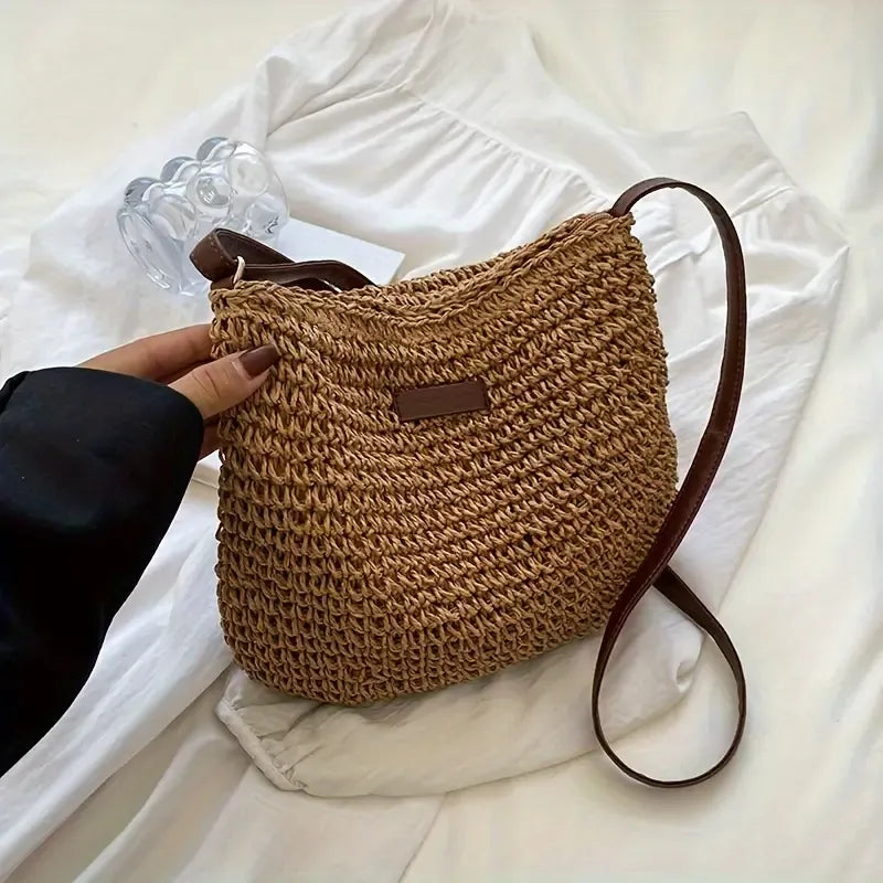 Woven paper straw crossbody bag, hand-crocheted from natural material, vintage bucket shape, lightweight and versatile, perfect for vacations and daily wear./coffee