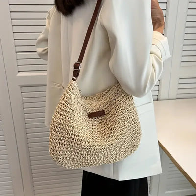 Woven paper straw crossbody bag, hand-crocheted from natural material, vintage bucket shape, lightweight and versatile, perfect for vacations and daily wear./rice