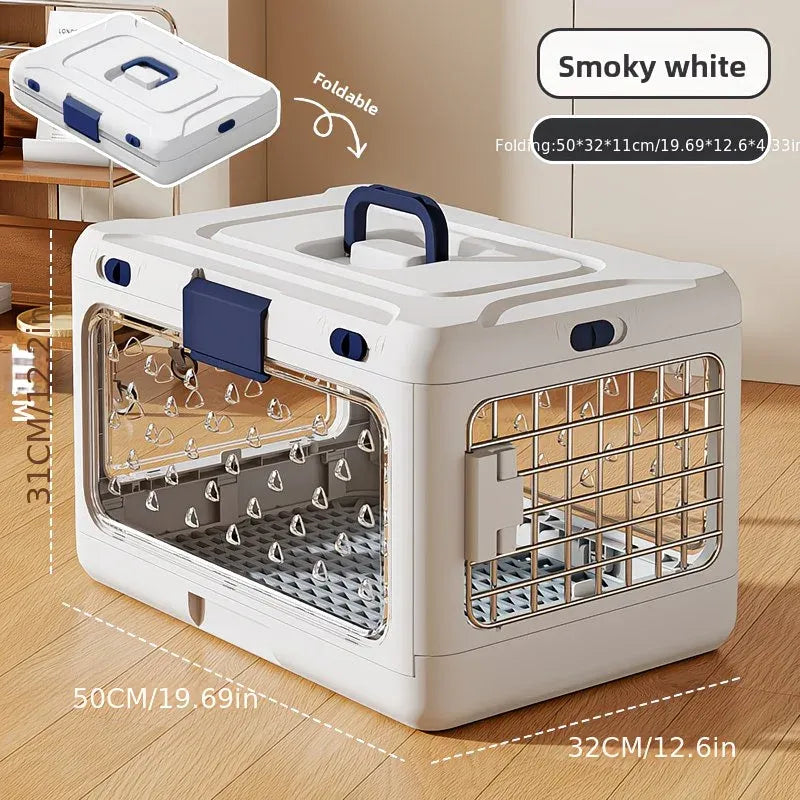 Foldable Pet Travel Carrier, PP Material with Reinforced Iron Mesh, Four Colors Available, Spacious When Expanded, Space-Saving When Folded – Ideal for Travel and Home Use, a Cozy Den for Your Pet./Smoky white