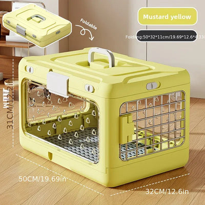 Foldable Pet Travel Carrier, PP Material with Reinforced Iron Mesh, Four Colors Available, Spacious When Expanded, Space-Saving When Folded – Ideal for Travel and Home Use, a Cozy Den for Your Pet./Mustard yellow