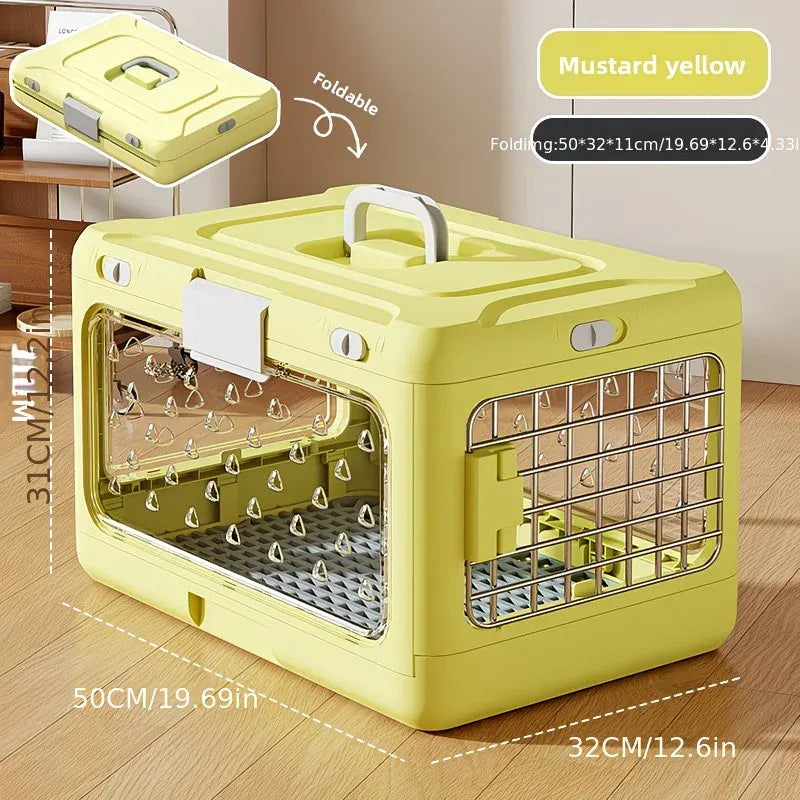 Foldable Pet Travel Carrier, PP Material with Reinforced Iron Mesh, Four Colors Available, Spacious When Expanded, Space-Saving When Folded – Ideal for Travel and Home Use, a Cozy Den for Your Pet./Mustard yellow