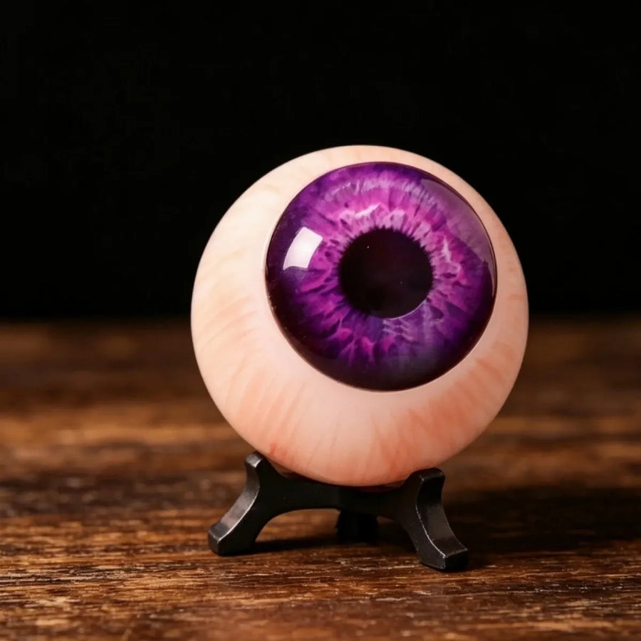 Resin realistic eyeball, hand-painted purple pupil, 5cm diameter with black stand, Halloween desktop dark decor.