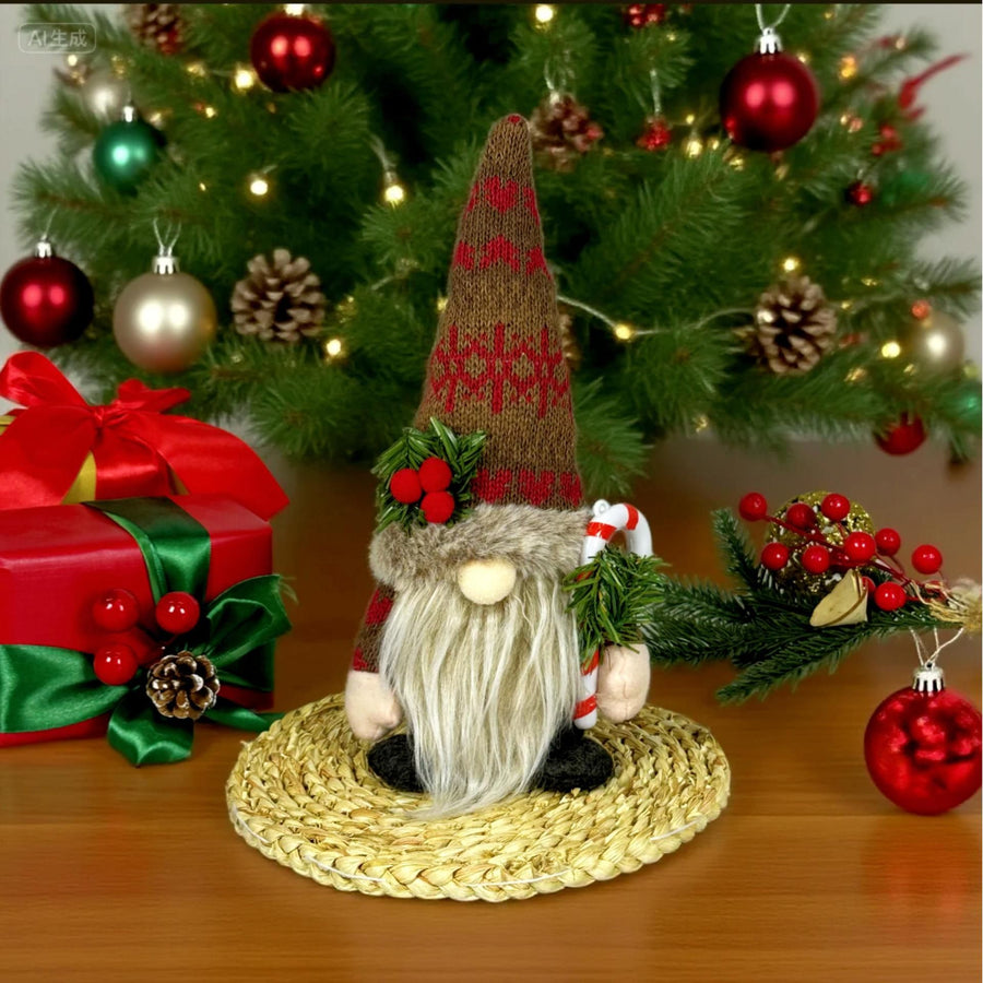 Knitted Hat Rudolph Gnome Figurine | Holding Pine Branches and Skis, Nordic-Style Adorable Ornament Lights Up Christmas./Knitted Snow Hat Doll (for men)