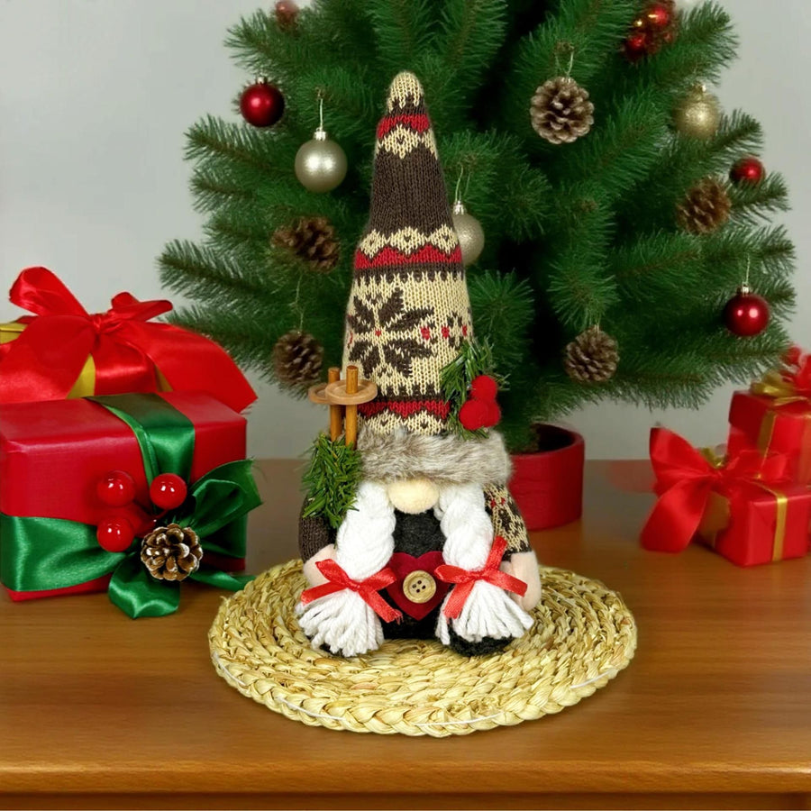 Knitted Hat Rudolph Gnome Figurine | Holding Pine Branches and Skis, Nordic-Style Adorable Ornament Lights Up Christmas./Knitted Snow Hat doll (female)