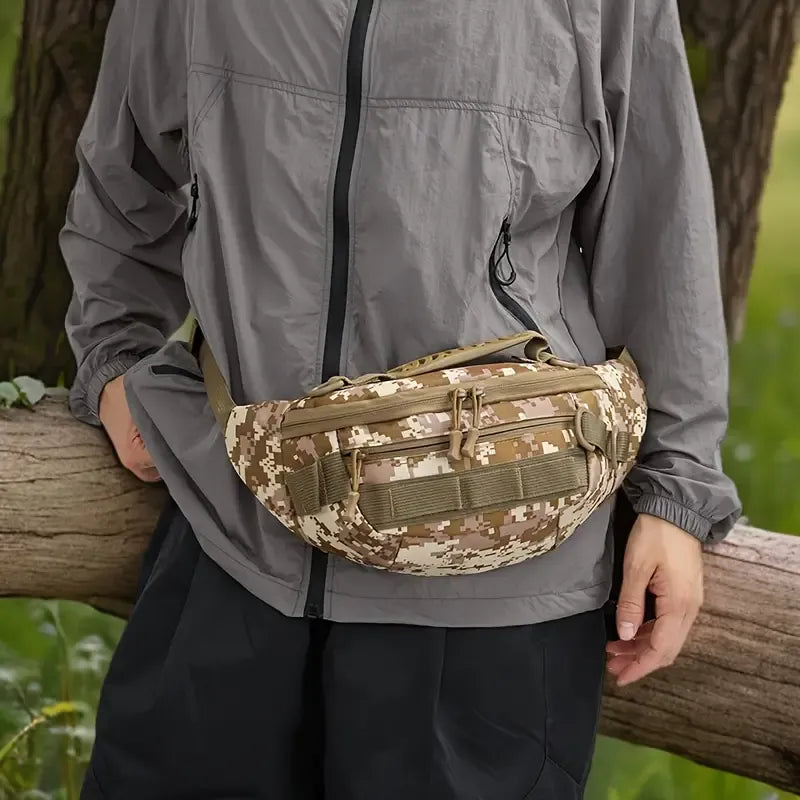 Tactical Camo Waist Bag: Water-Repellent Oxford, Multi-Compartment, Lightweight 0.25kg, Chest/Crossbody/Waist Carry – All-Scenario Essential./Desert camouflage