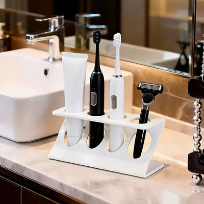 Z-shaped ABS toothbrush holder, wide opening no-drill storage, stable on countertop, great helper for bathroom sink organization!./WHITE