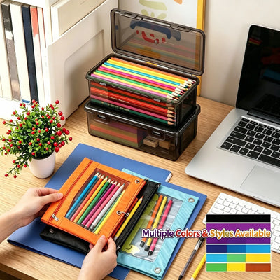 Large Clear Pencil Case With Snap Tight Lid, Plastic Crayon Marker Box for Art Craft Storage
