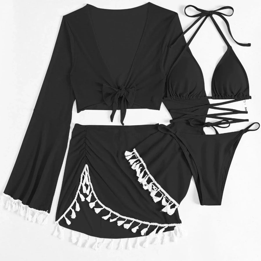 4 Piece Black Womens Bikini Swimsuit Set, Solid Bandage Push Up Padded Beachwear, Size S