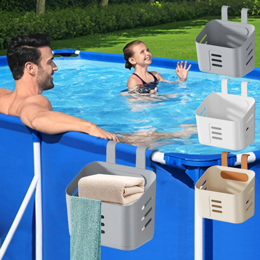 Poolside Storage Basket, Polypropylene Cup and Toy Bin for Above Ground Frame Pools, White Gray Yellow, 8.07 x 7.48 x 4.13 in