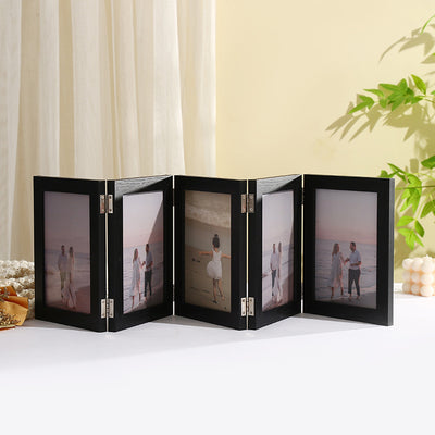 4 Panel Black Folding Hinged Picture Frame, Rustic Wood Tabletop Family Photo Collage Stand, 5 x 6 in