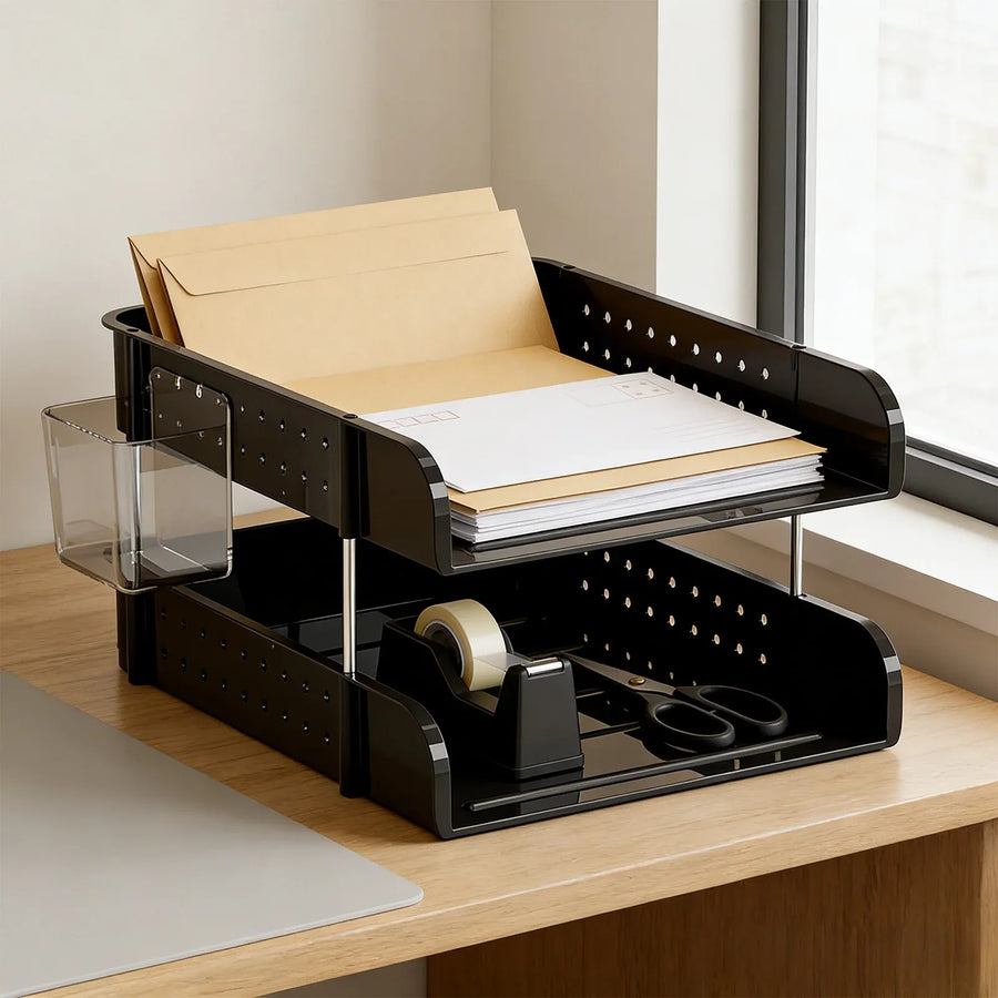 2 Tier Desktop File Organizer, Black Stackable Letter Tray and Office Supplies Holder for Home Office