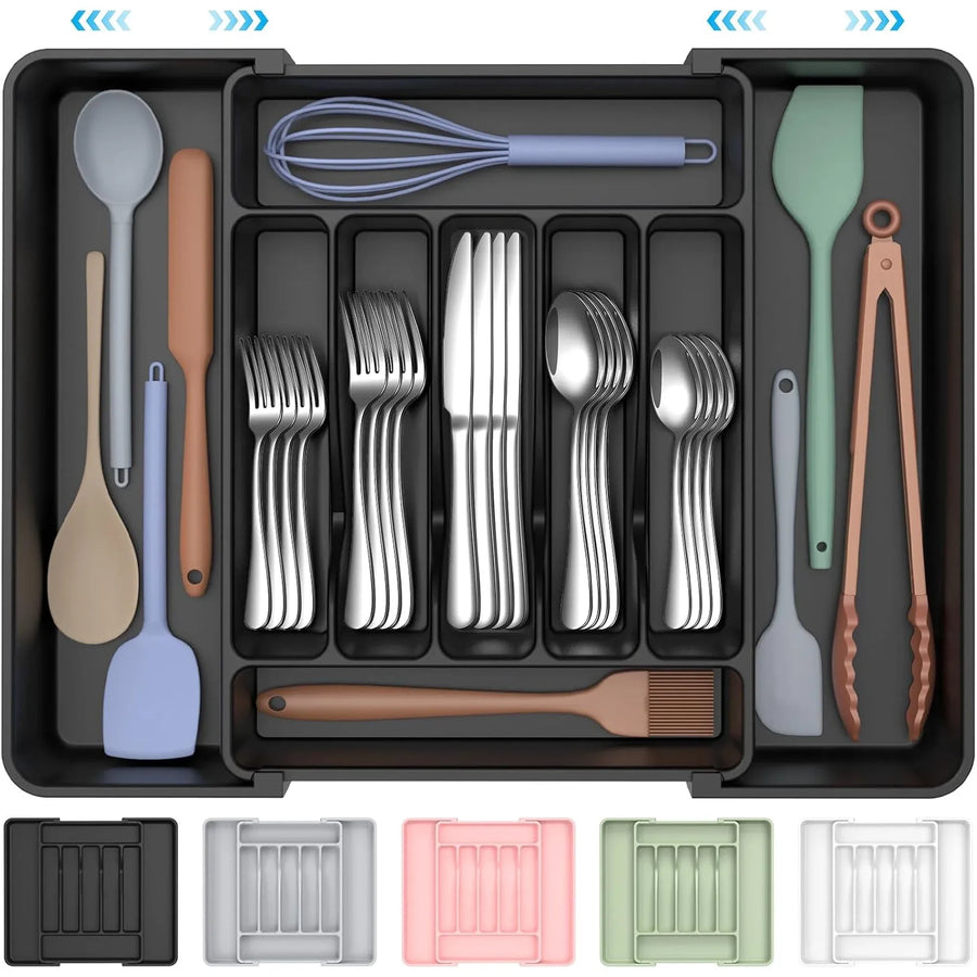 Black Extra Large Expandable Silverware Organizer, BPA Free Food Safe Cutlery and Kitchen Utensil Drawer Tray