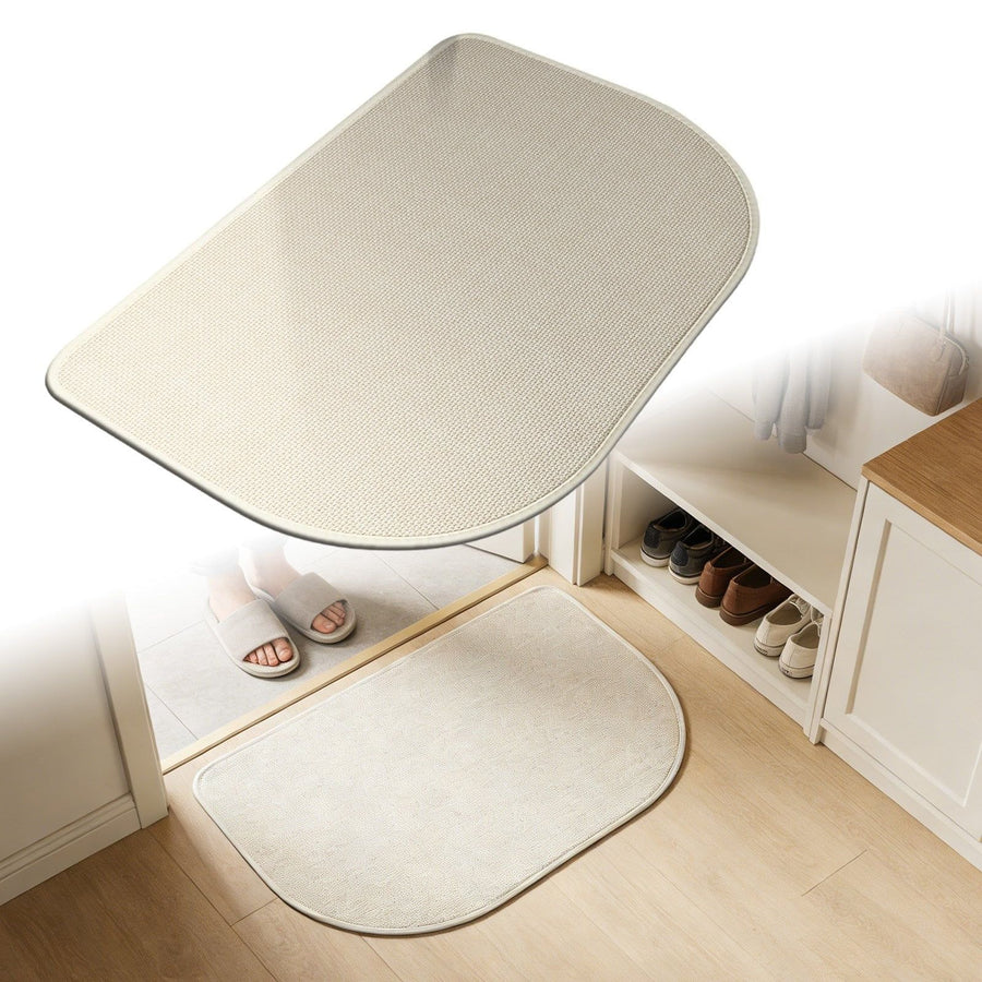 Beige Half Oval Linen Like Floor Mat, Anti Slip Door Mat for Entryway, 23.6 x 15.7 in