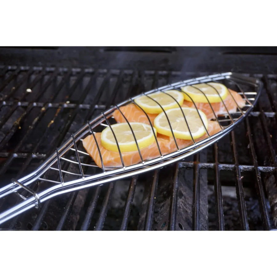 Stainless Steel Folding Fish Grill Basket With Wooden Handle, Non Stick BBQ Basket for Vegetables Fish Meat Steak Shrimp, 12.2 x 5.9 in