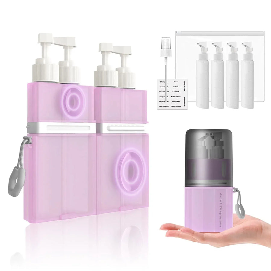 4 in 1 Travel Toiletry Containers, Refillable Travel Size Bottle Set With Suction Cup for Shampoo Conditioner Body Wash Lotion