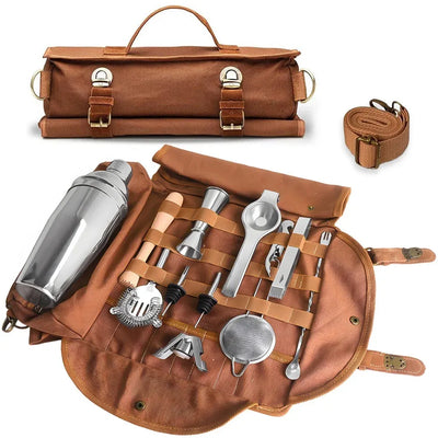 Travel Bartender Canvas Tool Bag, Professional Bar Tool Organizer for Home Cocktail Making and Camping, Without Tools