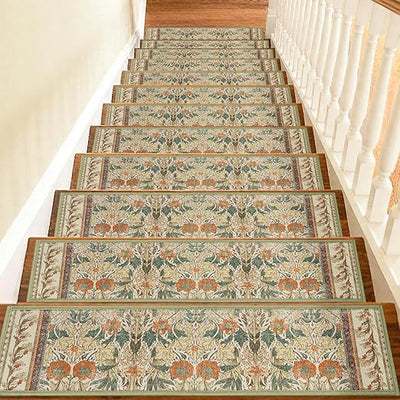 4 Pcs Yellow Vintage Floral Non Slip Stair Treads, Adhesive Carpet Runners for Wooden Steps Pets and Seniors, 8 x 30 in