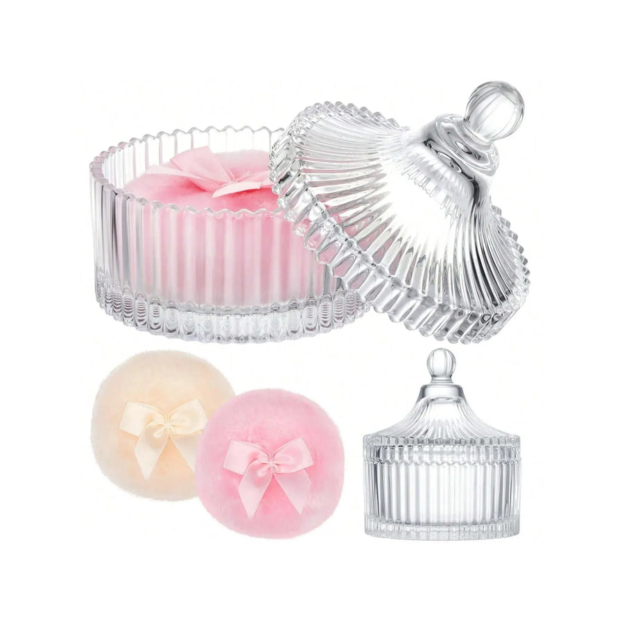 Clear Ribbed Glass Vanity Jar With Lid, Victorian Style Makeup Trinket Container for Bathroom