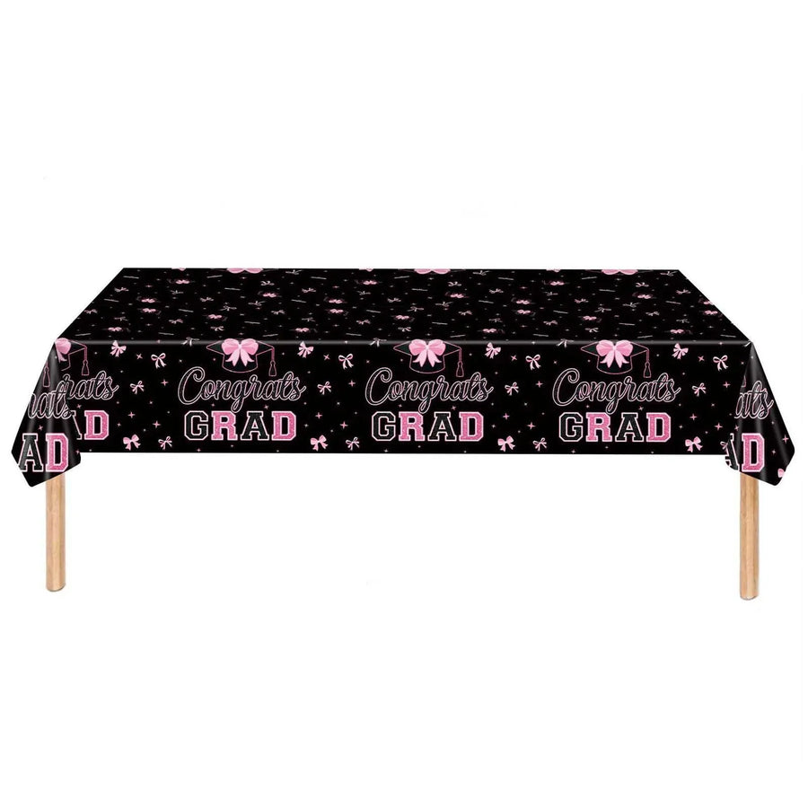 1 Pc Graduation 2026 Party Decoration Set, Pink Bow Decor Black Disposable Cups and Plastic Tablecloth, 54 x 108 in