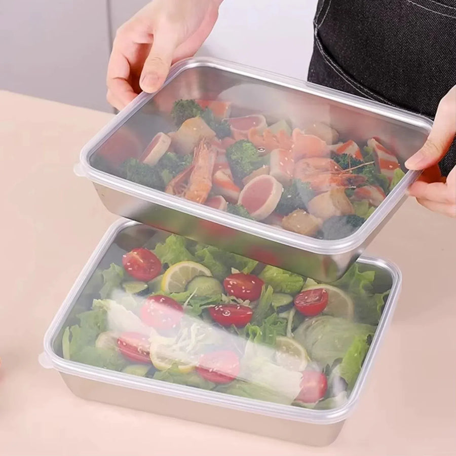 2 Pc Stainless Steel Fridge Storage Containers With Lids, Rectangular Baking Pans for Freezer Meal Prep and Catering, 10 x 8 x 3 in