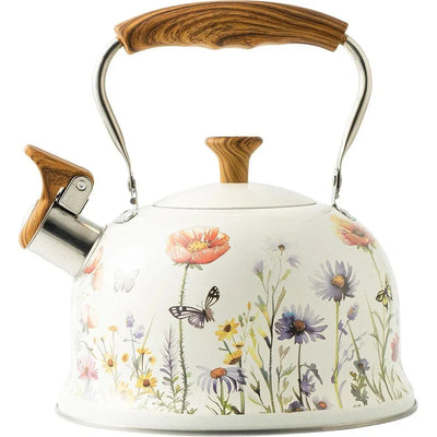 Flower Pattern Whistling Kettle, Vintage Stove Top Tea Pot With Anti Hot Handle for Gas Hob and Induction Stoves, 3 L