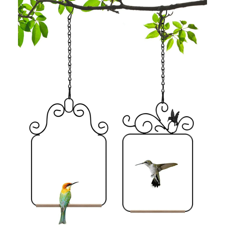 2 Pack Black Hummingbird Swings and Perches, Metal Frame Wild Bird Swing With Wooden Dowel and Hanging Chains for Indoor Outdoor