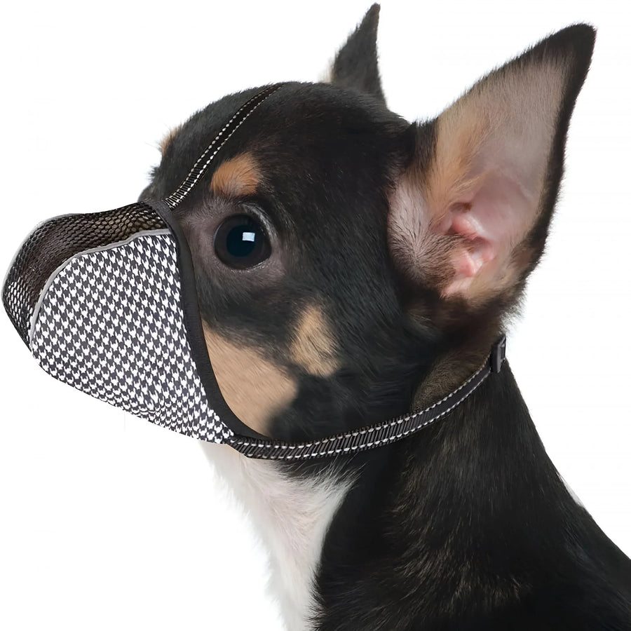 Black Soft Air Mesh Dog Muzzle for Extra Small Dogs, Adjustable Reflective Full Coverage Mouth Guard for Grooming Scavenging, Size XS