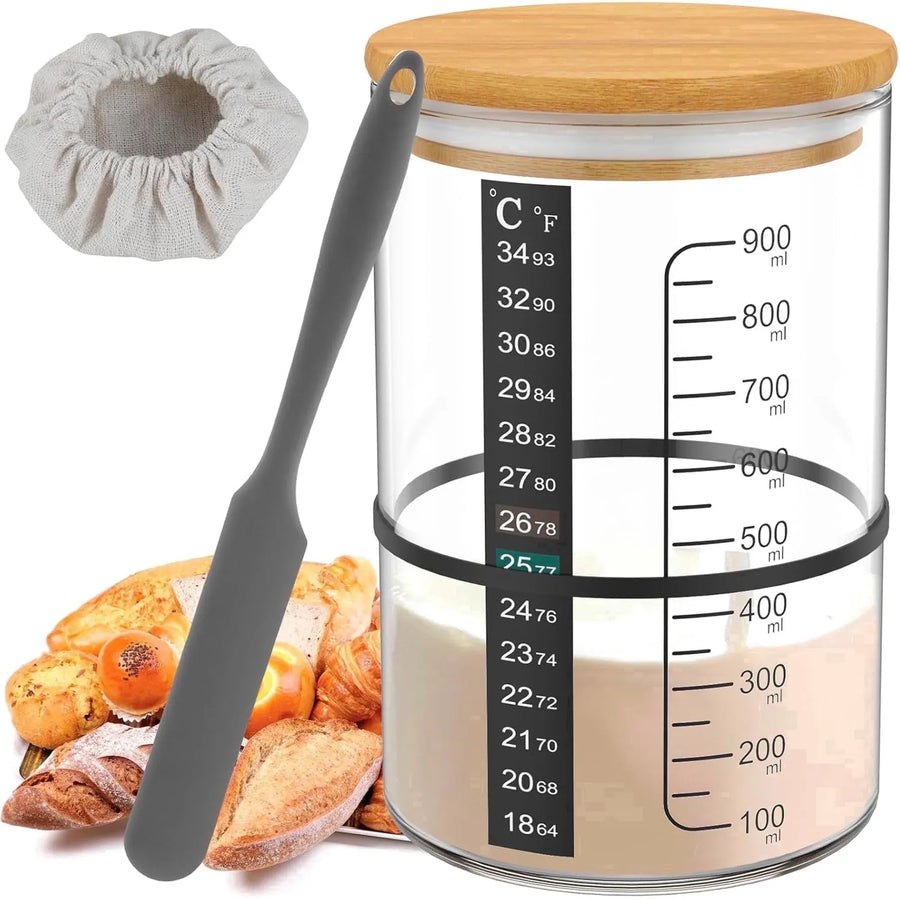 Glass Sourdough Starter Jar Kit With Wooden Lid and Cloth Cover, Bread Baking Supplies