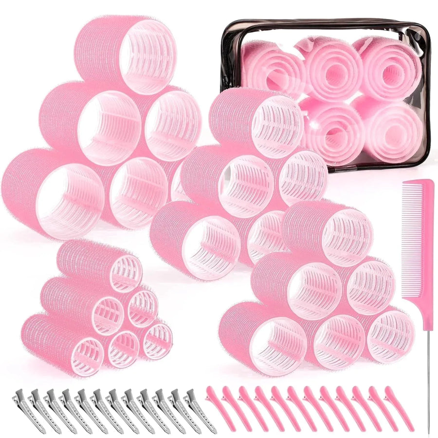 50 Pcs Pink Self Grip Hair Rollers Set With Clips for Long Short Hair and Bangs, 25 mm, 36 mm, 48 mm, 60 mm