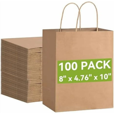 100 Pcs Brown Kraft Gift Bags With Handles, Medium Paper Bags for Craft Shopping Business Party Favor Retail Grocery, 5.91* 3.15 * 8.27in
