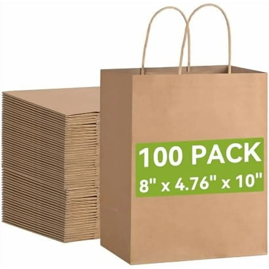 100 Pcs Brown Kraft Gift Bags With Handles, Medium Paper Bags for Craft Shopping Business Party Favor Retail Grocery, 5.91* 3.15 * 8.27in