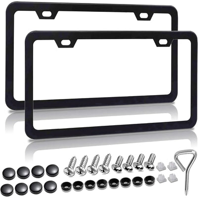2 Pcs Matte Black License Plate Frames With Screw Caps, Rust Proof Aluminum Universal Frames for Cars and Trucks