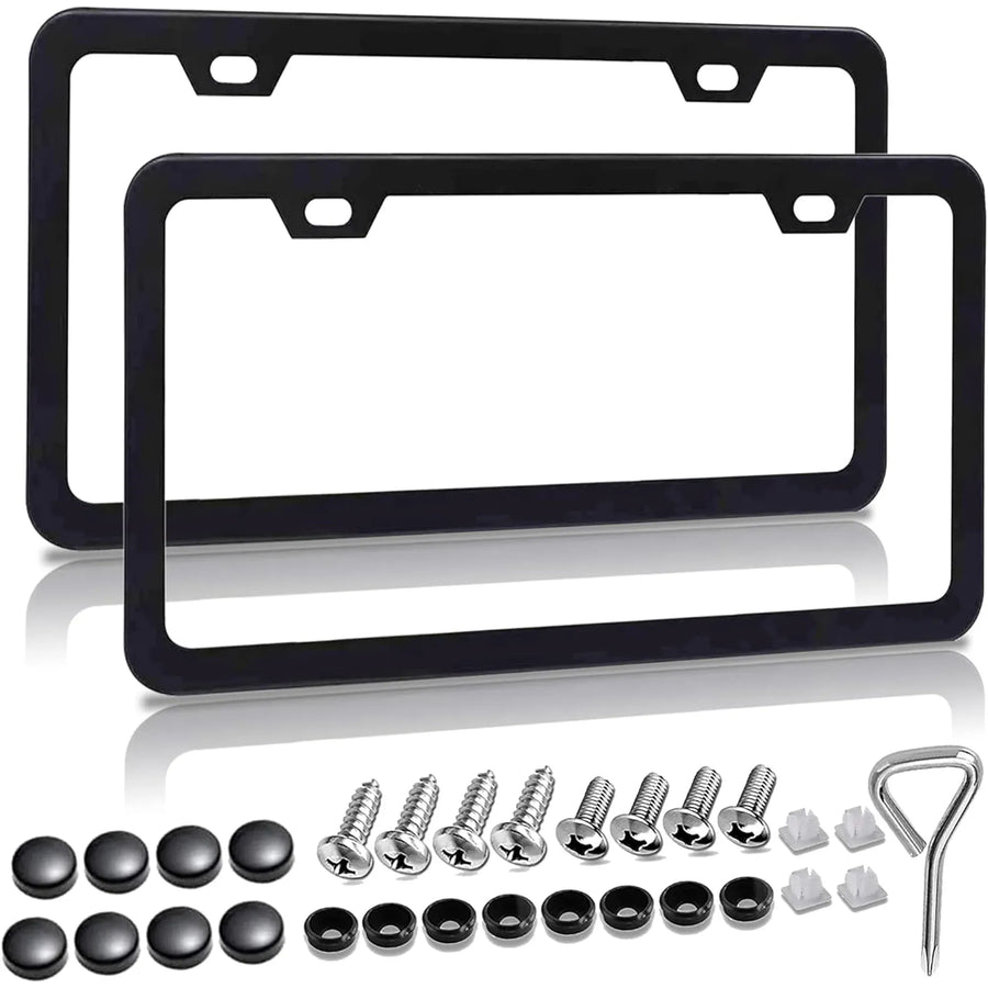 2 Pcs Matte Black License Plate Frames With Screw Caps, Rust Proof Aluminum Universal Frames for Cars and Trucks