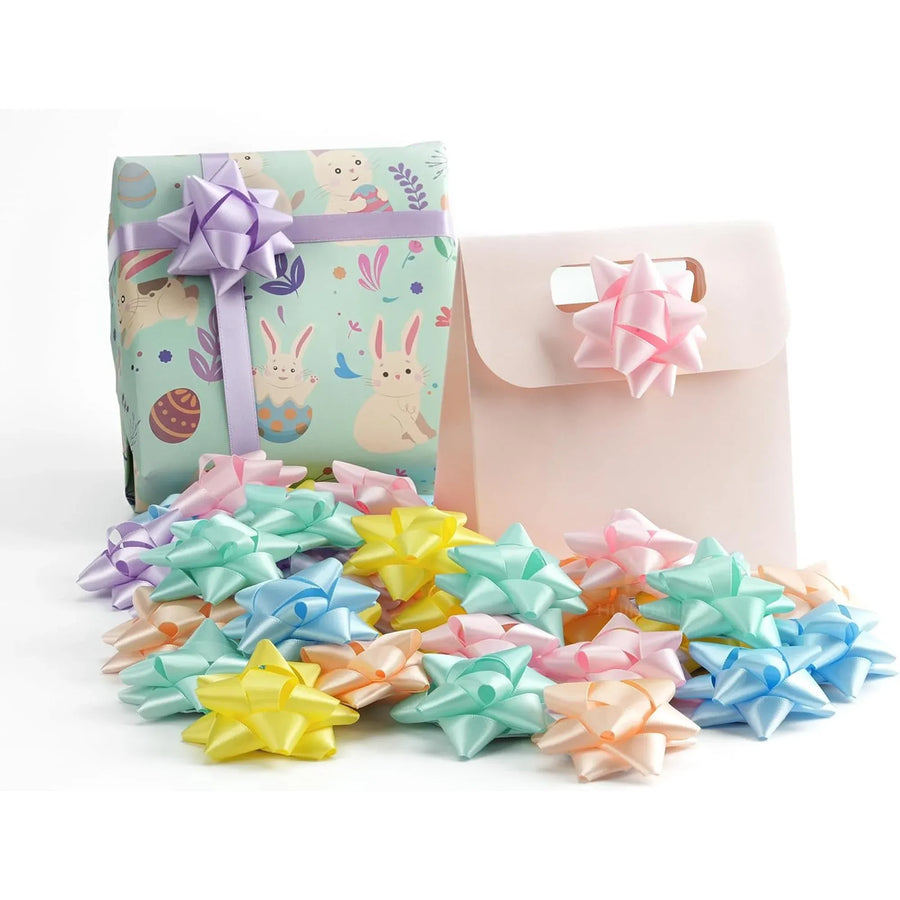 36 Pcs Pastel Satin Star Gift Bows, Self Adhesive Rainbow Bows for Gift Wrapping Crafts Baby Showers Easter Parties, 6 Colors, 2.5 in